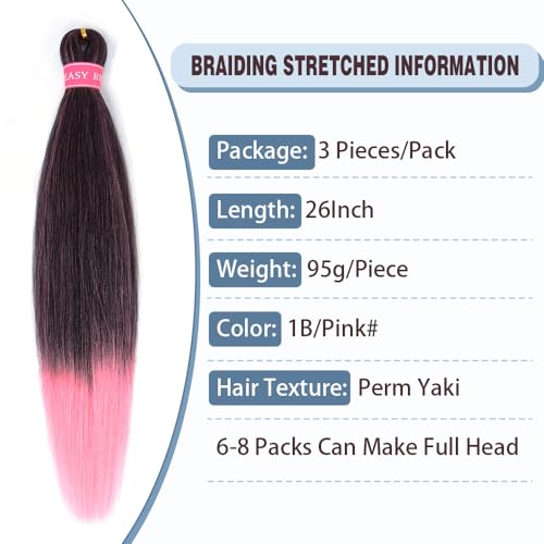 ZERAL Braiding Hair Pre Stretched 26 Inch 3 Packs Braiding Hair Professional Itch Free Yaki Texture Hair Extensions for Braids Synthetic Hair Braiding for Women and Girls (1B/Pink#)