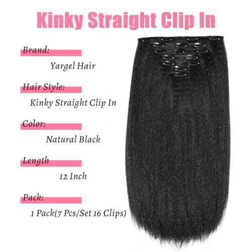 Yargel Hair 12 Inch 1 Pack Kinky Straight Clip in Hair Extensions for Black Women Yaki Straight Clip ins Full Head Seamless Synthetic Hair Pieces(7 Pcs/Set 16 Clips)