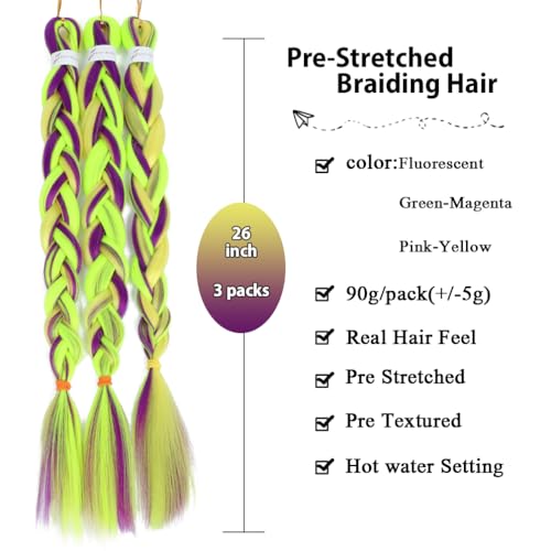 Betufllo Colorful Pre stretched Braiding Hair Extensions 3 Colors Mix Braiding Hair 26 Inch 3 Packs Pre Stretched Braiding Hair Professional Itch Free Ombre Braiding Hair for Girls