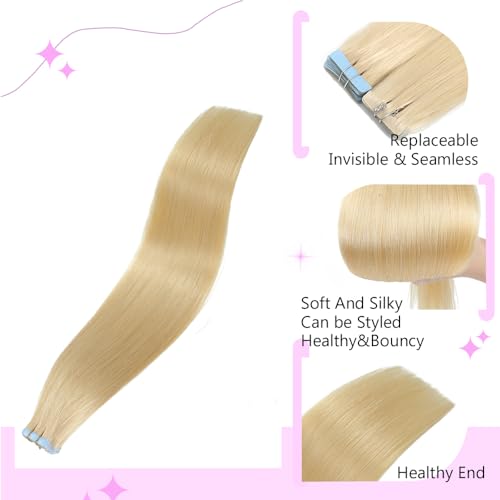 ELFSECRET 100% human hair Tape In Hair Extensions Invisible PU Seamless Skin Weft Tape in Real Human Hair Silky Straight Hair Extensions Soft Thick To End 40g/pack 20pcs (16 Inch, #613 Bleach Blonde)