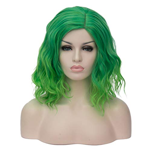 WTHCOS Green Wigs Short Curly Wavy Wig Green Bob Wig for Women Girls 14 Inches Natural Looking Synthetic Wigs for Cosplay Halloween Costume Party with Wig Cap