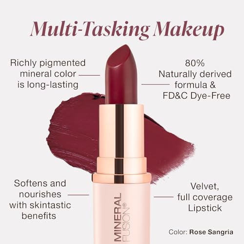 Mineral Fusion Lipstick, Vivid & Smudge-Free Lip Color with Avocado Oil, Cocoa Seed Butter & More, Long-Lasting Vegan Lipstick, FD&C Dye-Free, Cruelty-Free, Paraben-Free, Gluten Free, Rose Sangria
