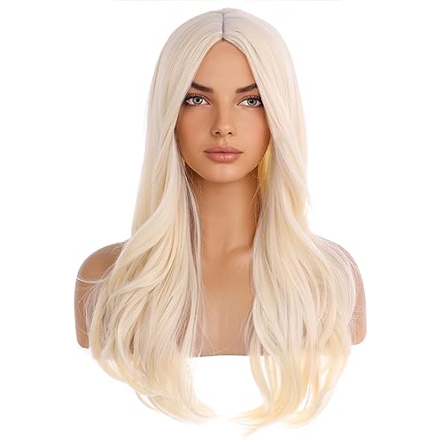BERON Blonde Wigs for Women Girls Long Curly Wavy Wig Light Blonde Middle Part Hair Wig Heat Resistant Synthetic Fiber for Cosplay or Daily Use
