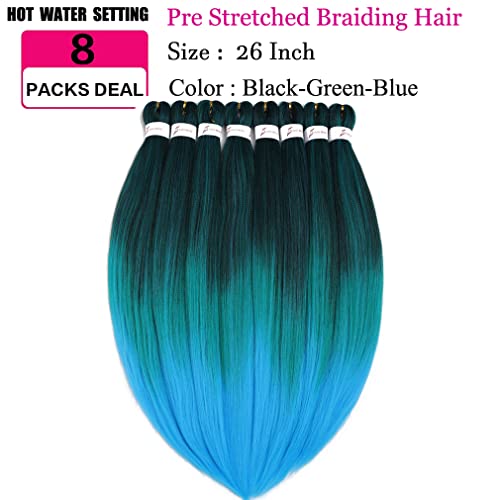 Pre Stretched Braiding Hair 26 Inch 8 Packs Professional Braiding Hair Extensions Synthetic Fiber Crochet Twist Braids Hot Water Setting Soft Yaki Texture(26",mixed black & green & blue)