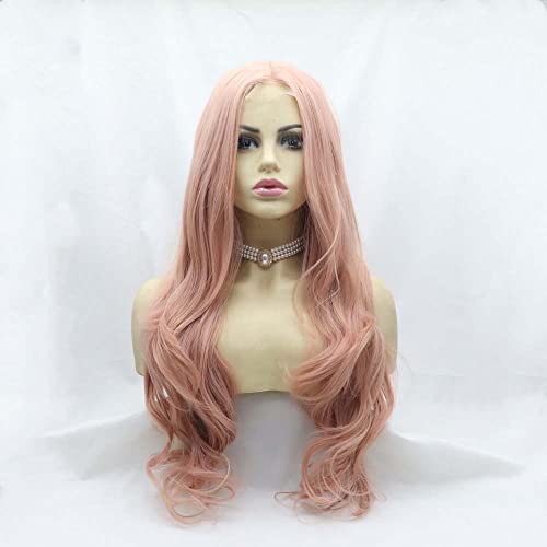 Melody Wig Synthetic Lace Front Wigs for Women - Long Wavy Pink Wig with Middle Part, Heat Resistant Fiber, Rose Gold Pastel Pink Hair, U Lace Front