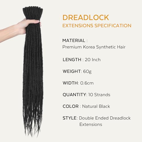 HANNE Natural Black Double Ended Synthetic Dreadlock Extensions for Women and Men Crochet Locs Hair DE Dreads 20 Inch 10 Strands Crochet Dreads Extensions (20 Inch DE Dreads, 1B)