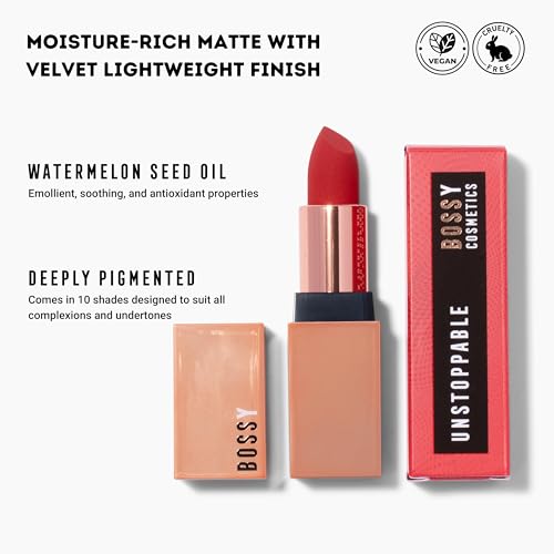 Bossy Cosmetics Matte, Long Lasting, Hydrating Vegan Lipstick with Vitamin E and Watermelon Seed Oil (Unstoppable - Orange Red Color)