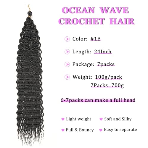 ZRQ Ocean Wave Crochet Hair 7 Packs 24 Inch Natural Black Deep Twist Wave Curly Wavy Crochet Braiding Hair Synthetic Hair Extension For Black Women #1B