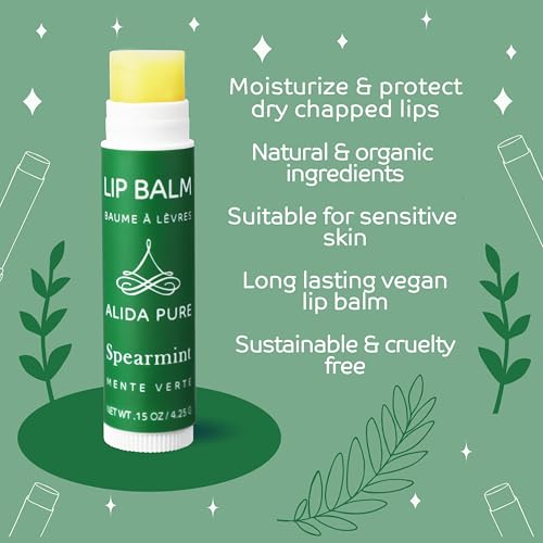ALIDA PURE Spearmint Lip Balm Collection, Vegan Lip Balm Set, Beeswax Free, with Avocado Oil, Organic Jojoba Oil, and Vitamin E, Natural Moisturizer for Dry, Chapped Lips, 3 Tube Set