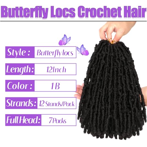 Butterfly Locs Crochet Hair 7 Packs 12 Inch Lightweight Pre Looped Soft Faux Locs for Black Women (12Inch 7Pack, 1B#)
