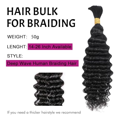 16 Inch Deep Wave Bulk Human Hair Weft 50g (1Bundles/Pack) Human Braiding Hair for Braiding No Weft Bundle 10A Brazilian Virgin Curly Human Hair Extensions for Boho Braids Wet and Wavy Human Hair