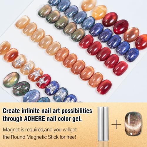 ADHERE Magnetic Cat Eye Gel Nail Polish Set, 12 ml*6 with 1 Magnets, Glitter Purple Blue Magnetic Effect Sparkle Stunning Nail Gel Polish with Soak Off Led Nail Art Gel DIY Salon Gifts