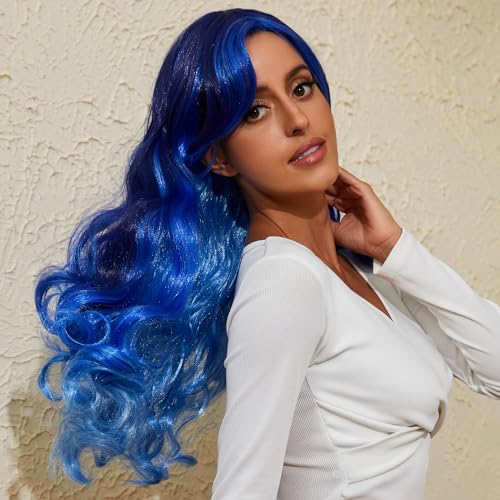 DAWANQU Long Wavy Curly Wigs for Women Lace Colored Cosplay Wig HD Lace Front Synthetic Wig Natural Wigs for Girls Daily Party Halloween Use(27 Inch, Ice Blue Gradient)