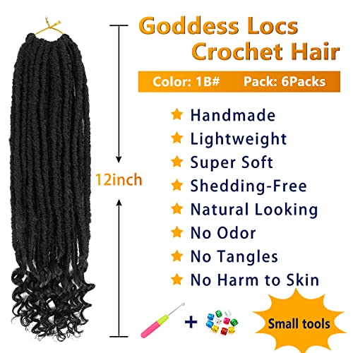6 Packs Goddess Locs Crochet Hair, 12 Inch Straight Faux Locs Crochet Braids, Pre-Looped Curly Soft Synthetic Braiding Hair Extensions for Black Women(12 Inch, 6 Packs, 1B#)