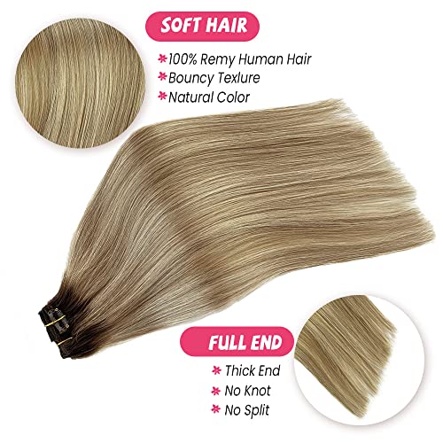 Human Hair Clip in Hair Extensions Balayage Hair Extensions Brown Mixed Blonde 18inch Real Remy Hair Extensions Clip ins Extensions Straight Silky Blonde Highlights Remy Hair 7pcs 70g