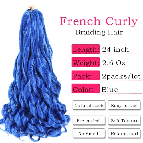 French Curly Bouncy Braiding Hair - 24 Inch Blue Color, Pre-Stretched, Loose Wavy Synthetic Hair Extensions For Black Women (2 Packs)