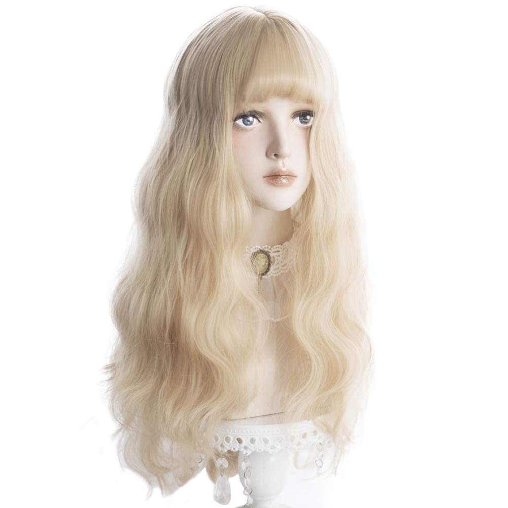 Alice Garden Wigs Long Wavy Wig Bangs - Natural Synthetic Hair Lolita Wig with Wig Cap For Women Cosplay and Daily Wear (Blonde)