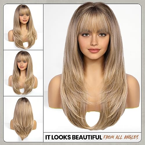 EMMOR Long Straight Yaki Wigs for Women with Bangs Comfortable Elastic Band 26 Inch Heat-resistant Synthetic Fibers(Mixed Brown)