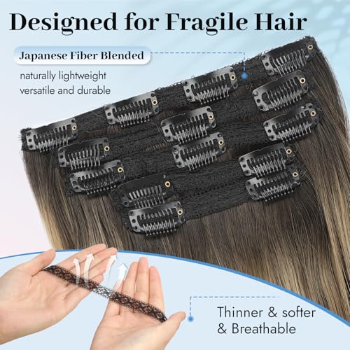 Isaic Clip in Synthetic Hair Extensions Layered Long Wavy 5PCS Thick Hairpieces Balayage Chocolate Brown to Caramel Blonde Synthetic Double Weft Natural Hair Extensions 16 Inch for Women