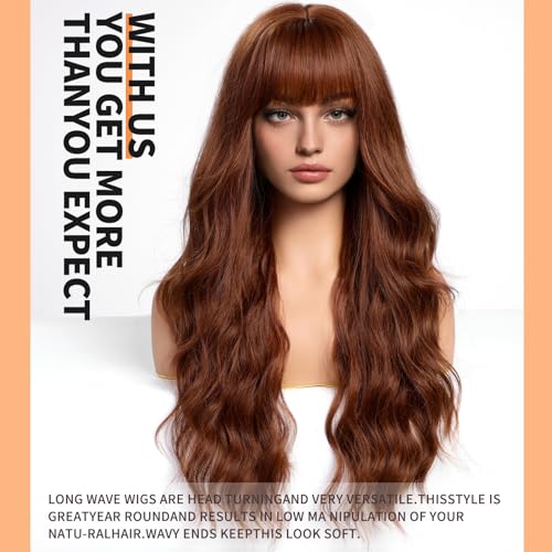 KOME Auburn Wigs with Bangs,Copper Red Long Wavy Wig for Women,Long Curly Synthetic Hair Wig for Party Daily Use 24IN
