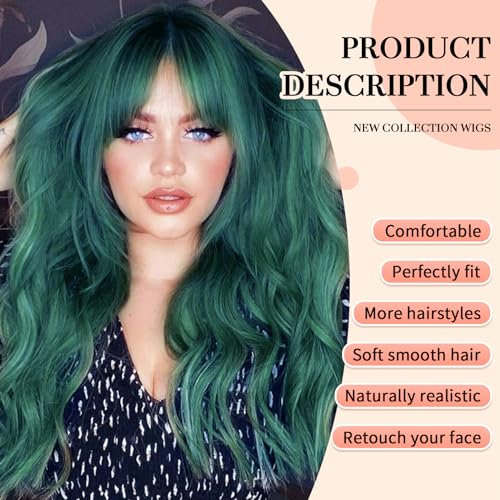 KOME Green Wigs with Bangs,Green Wig for Women Highlight Long Wavy Wig for Women,Long Curly Wigs Synthetic Hair Wig for Party Cosplay Daily Use 26IN…
