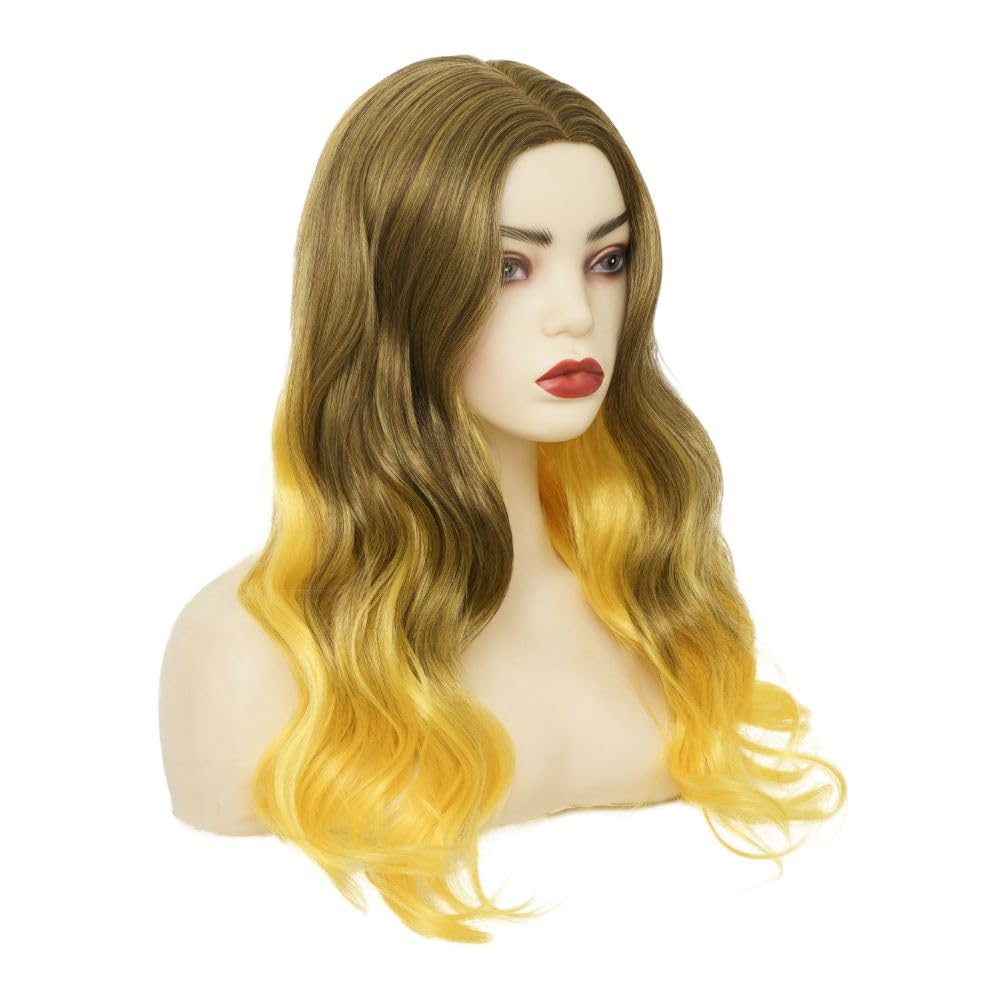 Amnenl Yellow Ombre Long Wavy Wigs for Women Brown Curly Natural Looking Wig Synthetic Middle Part Hair Wig for Daily Use