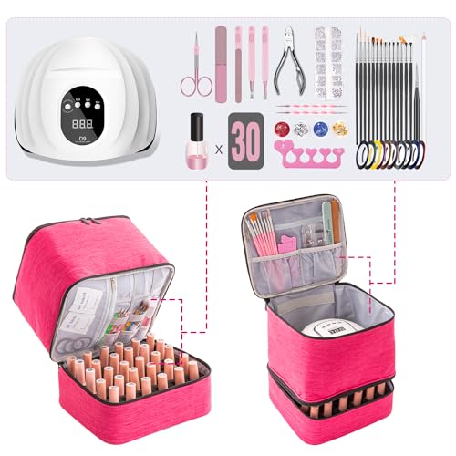 AGX Bravo Nail Polish Carrying Case with UV LED Nail Lamp Compartment - Holds 30 Bottles, Double-layer Nail Light Storage Bag for Nail Dryer, Rose-Pink (BAG ONLY)