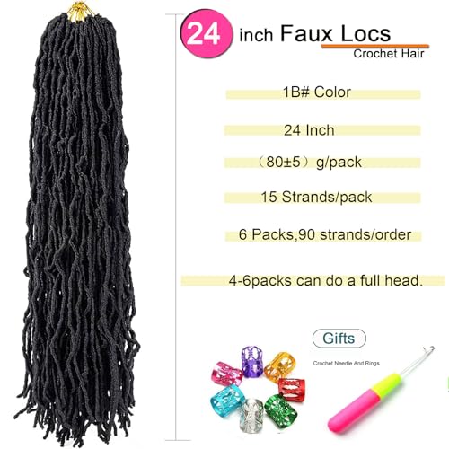 Ahrencan Faux Locs Crochet Hair,24 Inch 6 Packs Soft Locs Crochet Hair,Pre Looped Goddess Faix Locs For Black Women,Pretwisted Wavy Synthetic Locs Crochet Braids (24in,1B#)