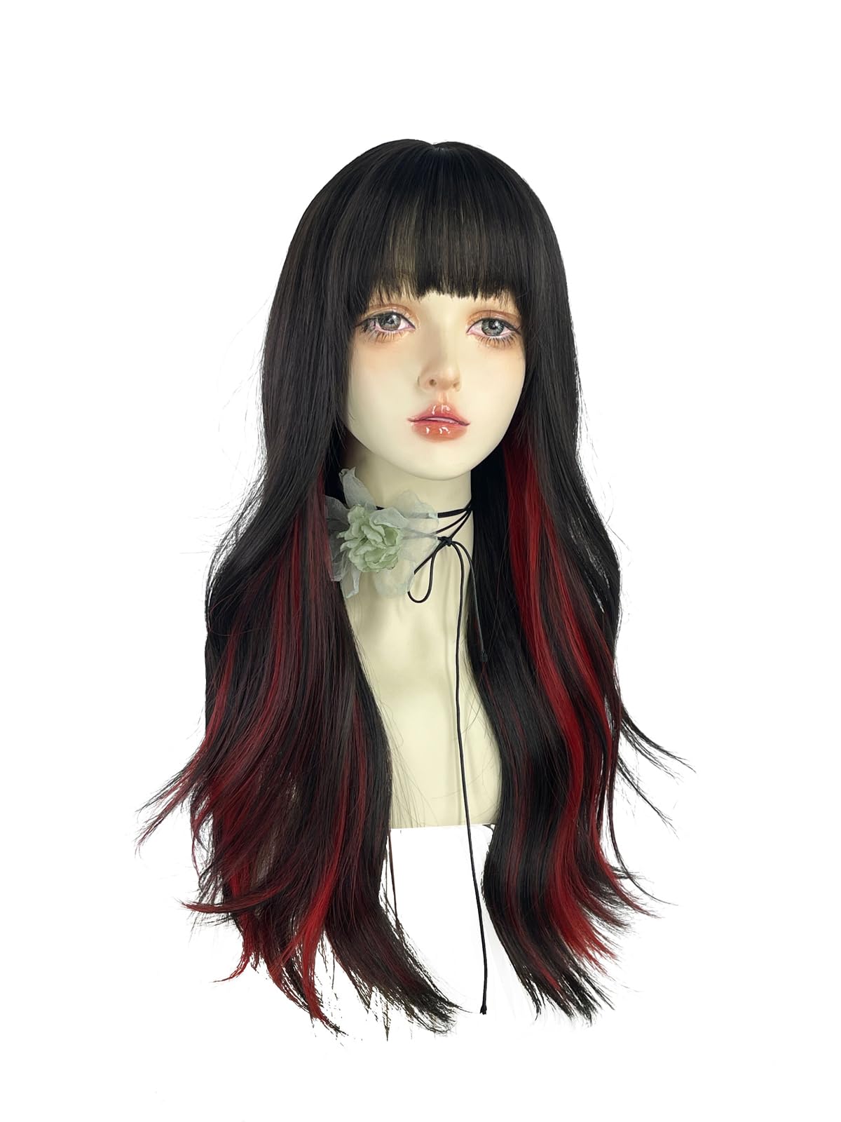 WKLOUYHE Long Wavy Wig for Women Synthetic Curly Wig with Bangs Fibre Cosplay Wig for Girls Daily Use Colorful Wigs (Black+Red)