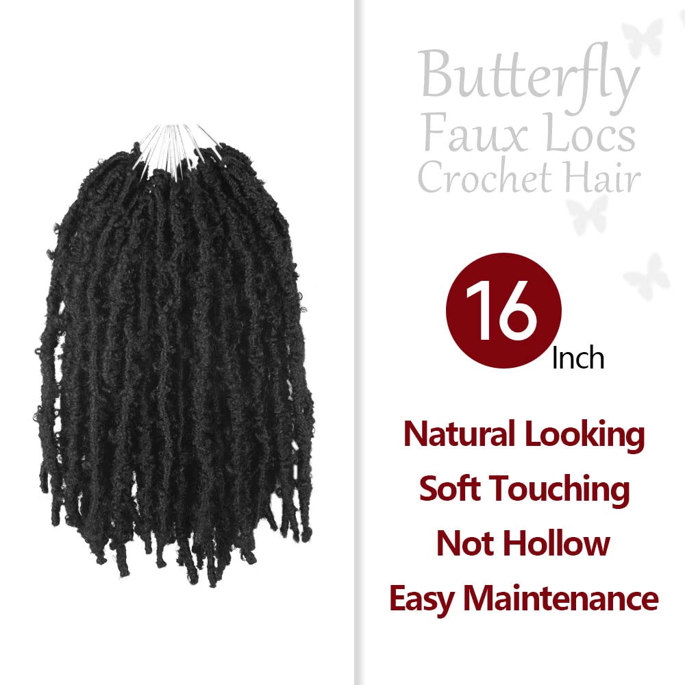 NISEYO NU Short Pre-looped Butterfly Locs Crochet Hair 16 Inch 8 Packs Light Weight & Soft Distressed Locs,1B(Natural Black)