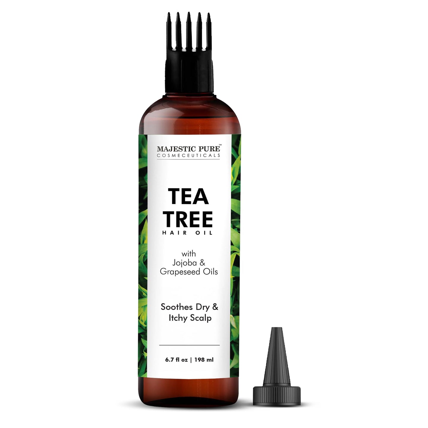 Majestic Pure 100% Pure Tea Tree Oil with Biotin for Hair Care, Strengthening, Nourishing, and Volumizing Formula with Jojoba Oil and Castor Oil - Non GMO Verified, 198 ml
