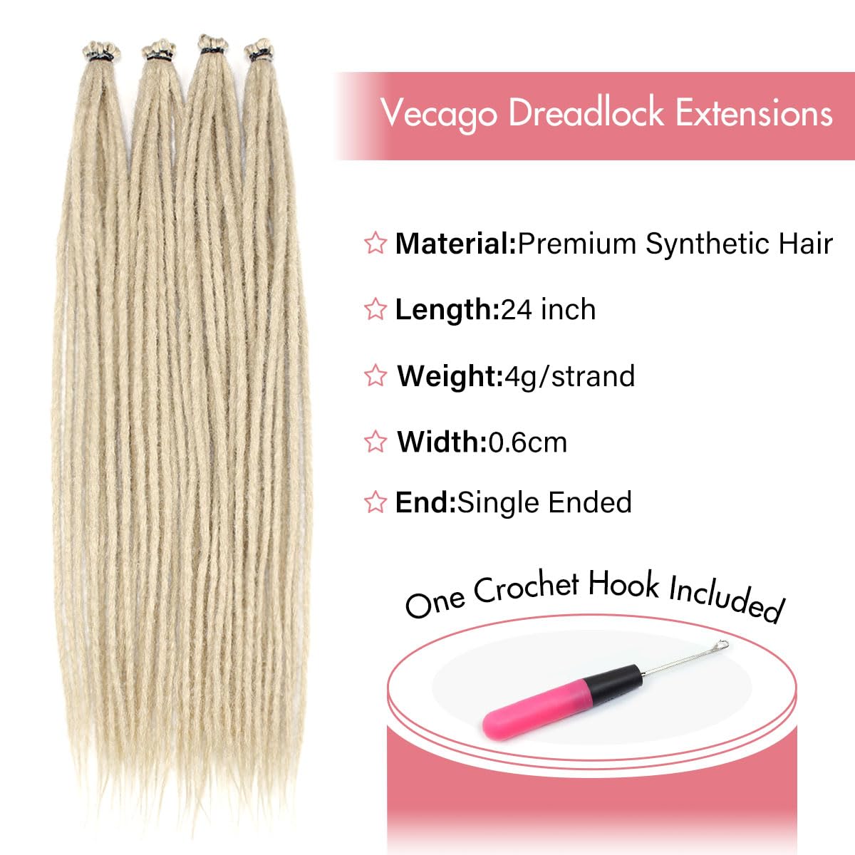 24 Inch 40 Strands Dreadlock Hair Extensions,Synthetic Hippie Single Ended Handmade Dreads,Thin 0.6cm Width Straight Reggae Style Dreadlocks for Woman,613 Blonde
