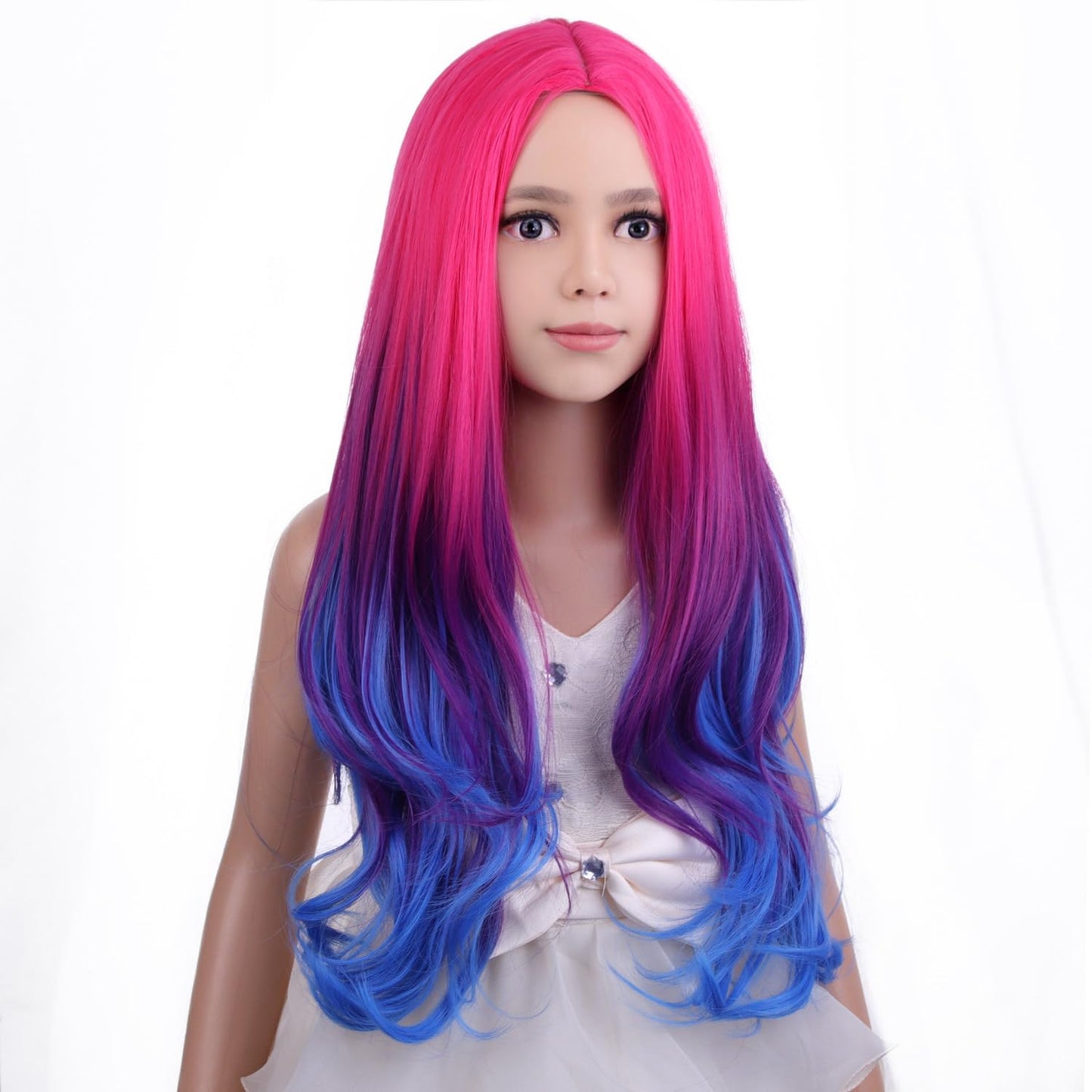 PATTNIUM Rose Ombre Blue Wig for Kids Child Hot Pink to Blue Wig Long Wavy Curly Ombre Blue Wig Heat Resistant Synthetic Hair Wigs