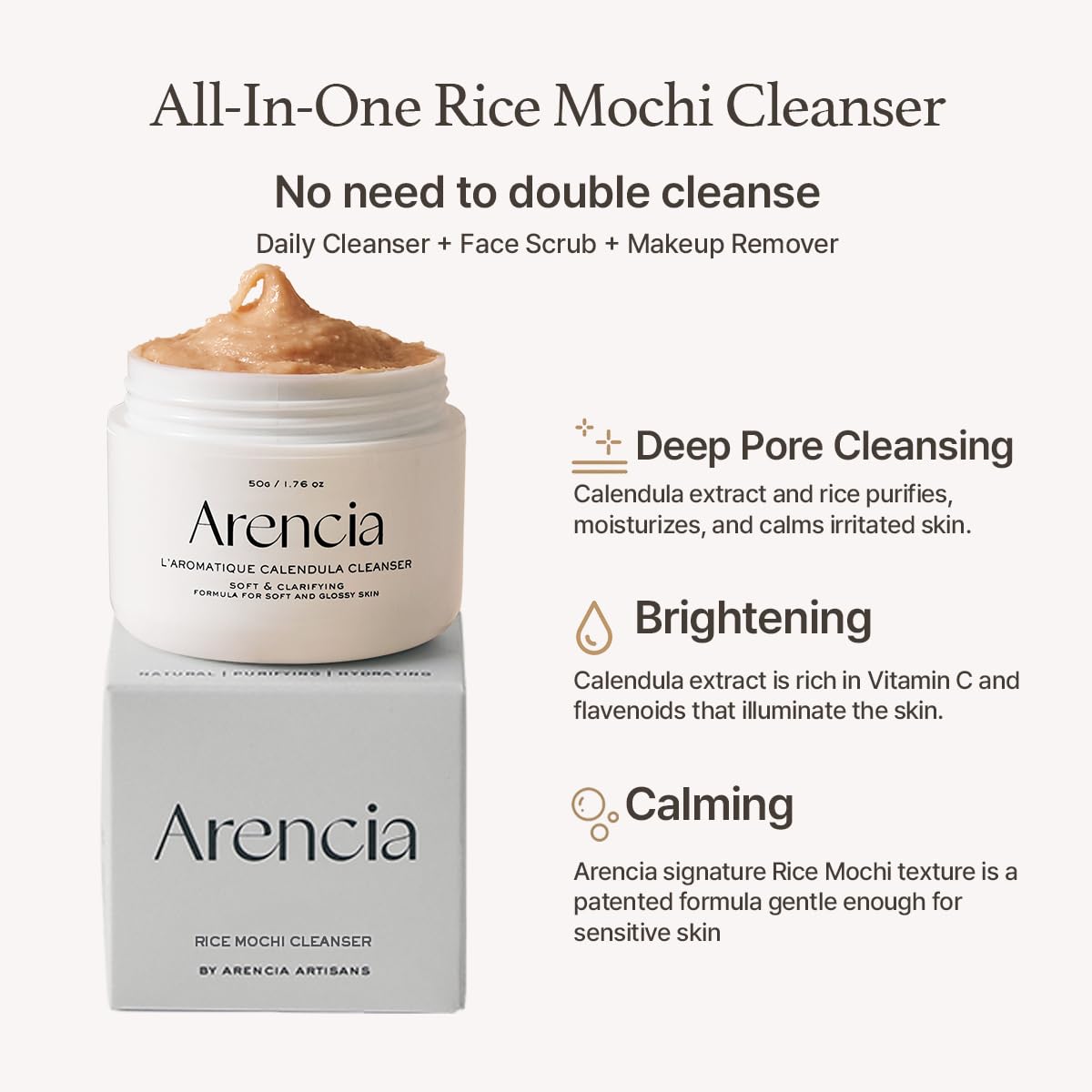 ARENCIA Calendula Rice Mochi Fresh Cleanser - Moisturizing, Brightening & Deep-Cleansing (4.23oz)