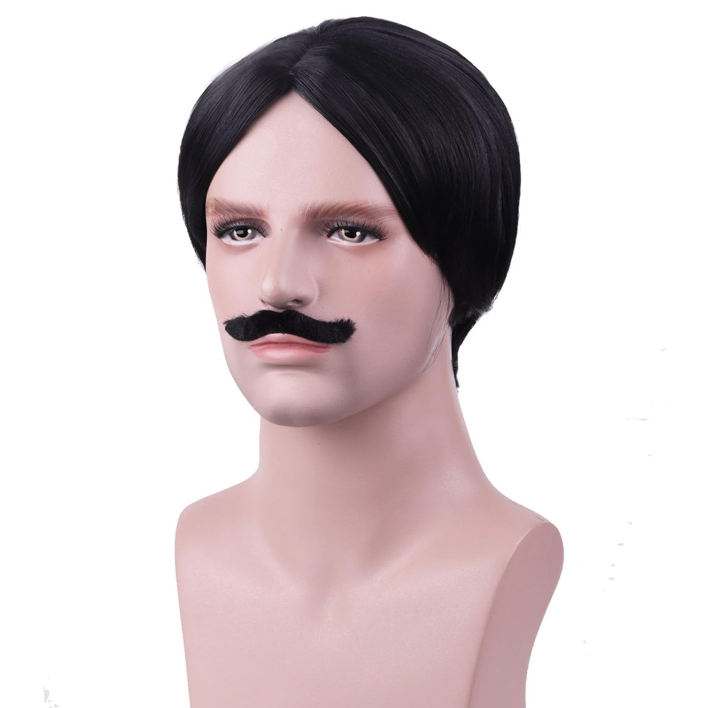 RightOn Men's Black Wig Short Black Wig and Mustache Black Bob Wigs for Men Halloween Party Costume Wigs