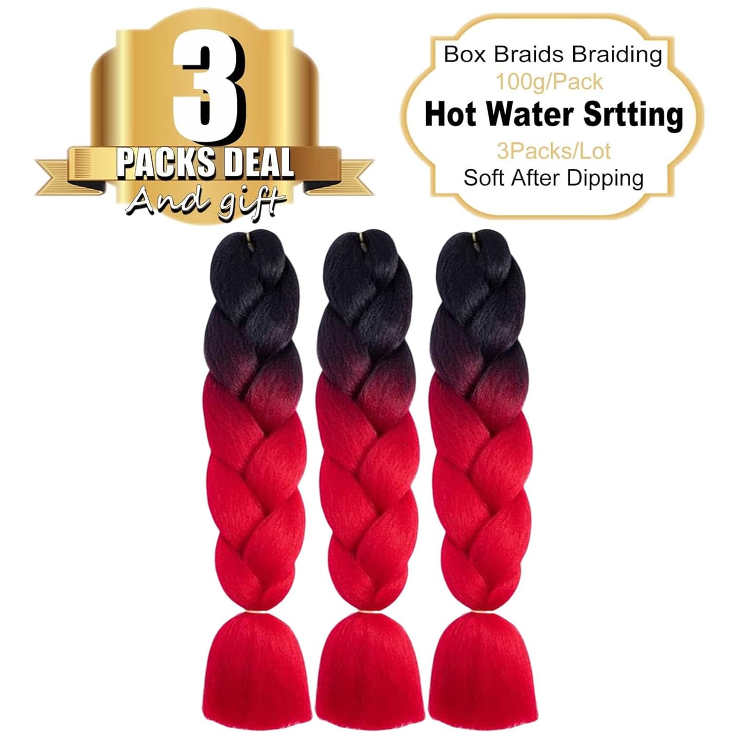 TENGSHUO FLY Black to Red Braiding Hair 3 Packs Synthetic Braid Hair Extensions Jumbo Ombre Braiding Hair 24"or Box Braids Twist Crochet Braids(24"3Pack,Black to Red/B1)
