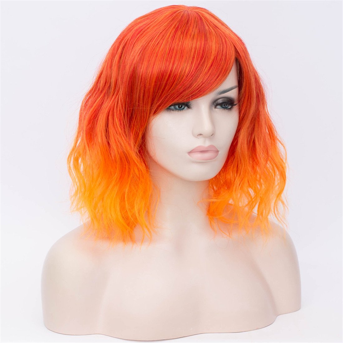 BUFASHION 14" Women Short Wavy Curly Wig Ombre Orange Bob Wig Cosplay Halloween Synthetic Wigs with Side Bang Wig(Ombre Orange)