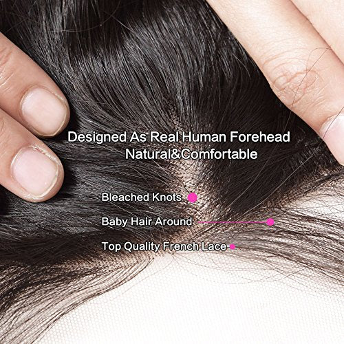 Greatremy Brazilian Virgin Human Lace Frontal Closure with Free Part Baby Hair Ear To Ear Straight 13"x4" Density Natural Color 10inch