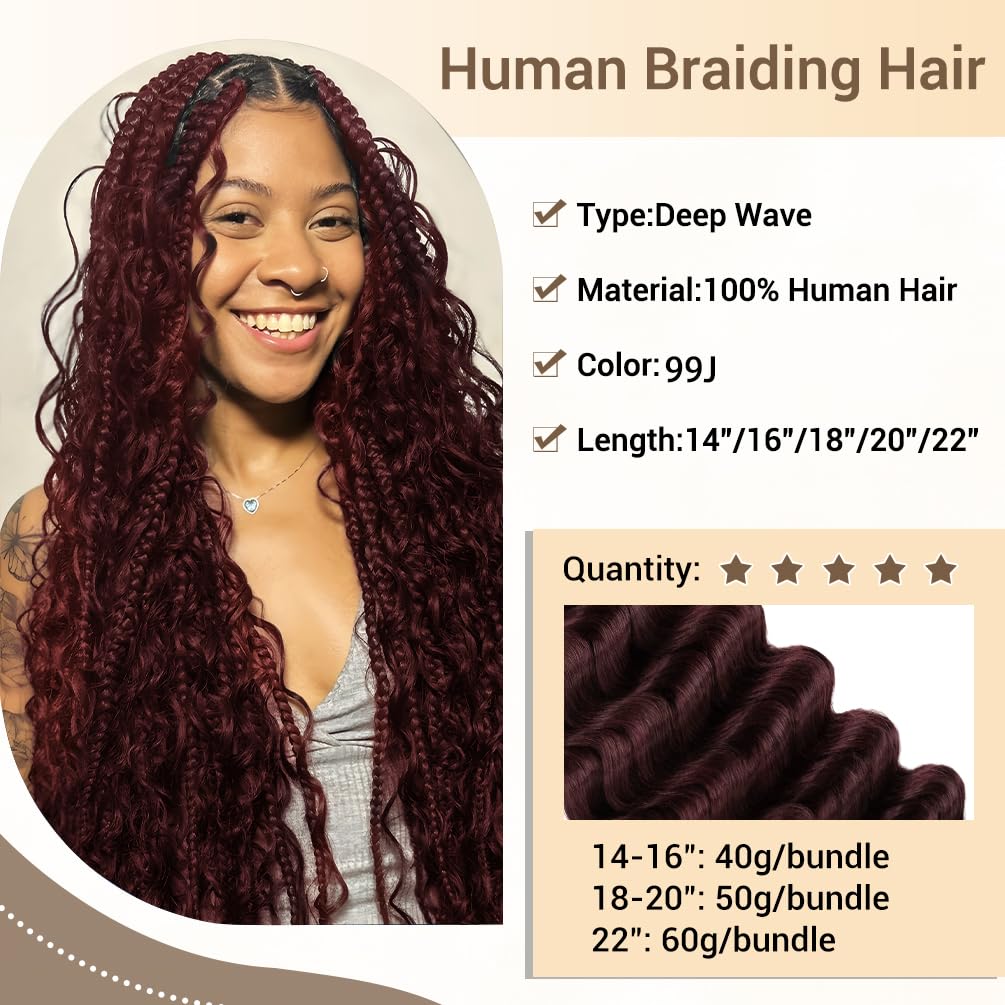 Human Braiding Hair for Boho Knotless Braids 1 Bundle 20 Inches 50g Deep Wave Bulk Human Hair for Braiding Hair Wet and Wavy 10A Brazilian Virgin Human Bohemian Hair for Braiding 99J