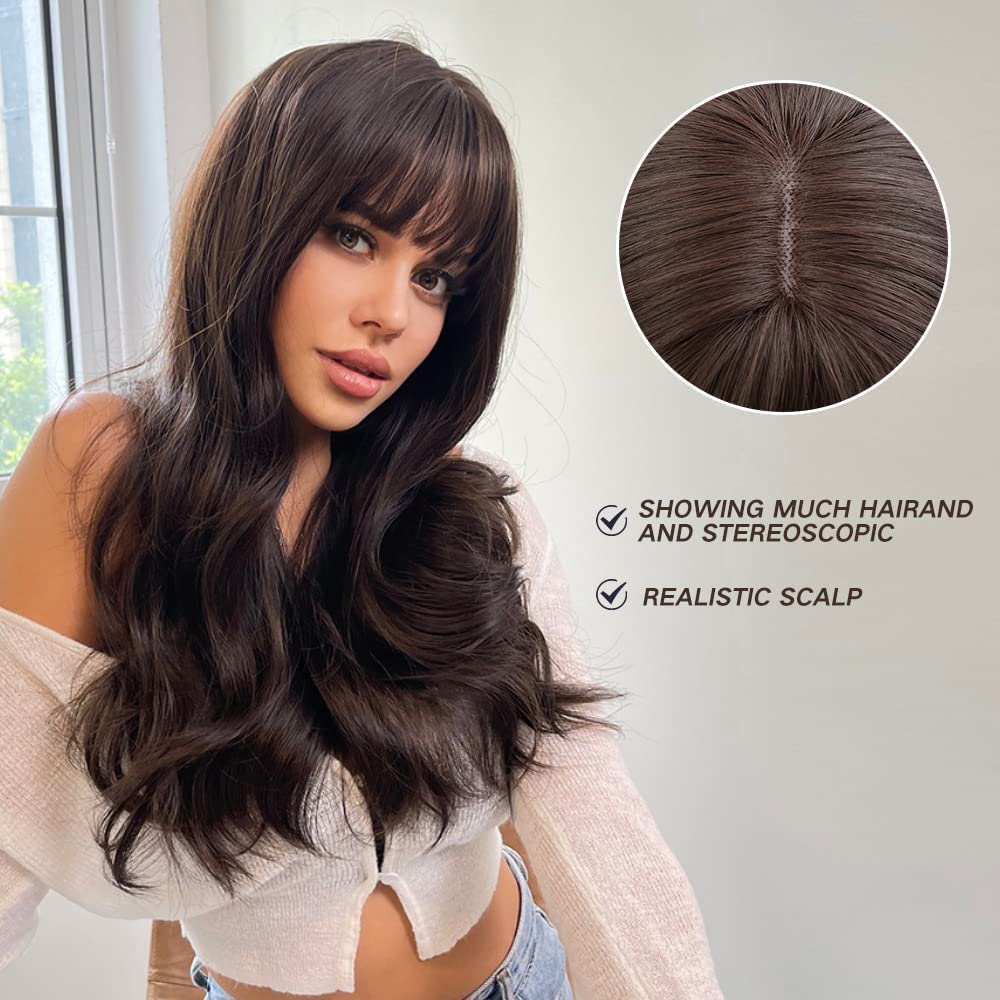 Esmee 24" Long Brown Color Synthetic Natural Wave Wigs with Neat Bangs for White/Black Women Party Wear.