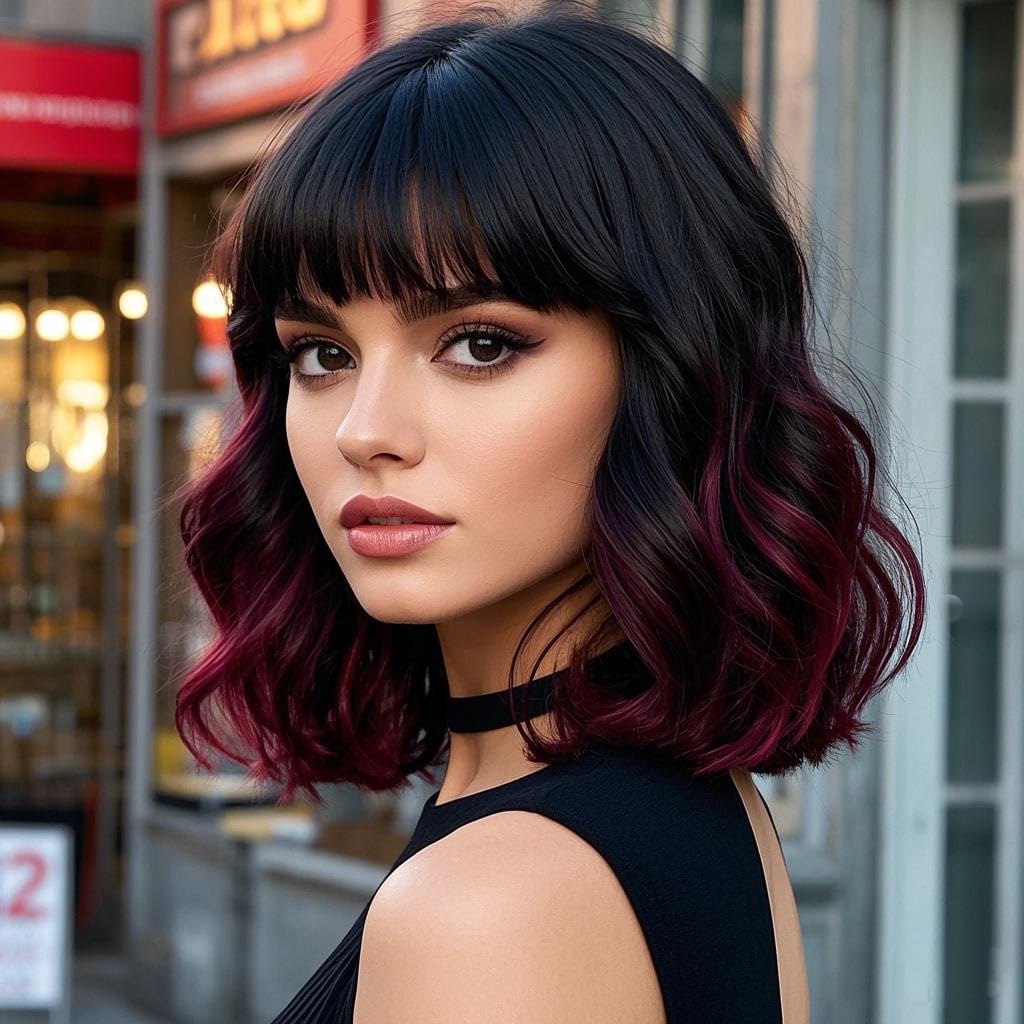 Amarlis Black Mixed Red Bob Wig with Bangs for Women, Natural Looking Heat Resistant Synthetic Wig 14 Inch Curly Bob Wig for Daily Party Use