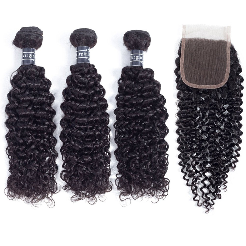 Amella Hair Brazilian Virgin Curly Hair Closure With 3 Bundles(18 20 22+18Closure)8A Unprocessed Human Hair Curly Bundles with Closure Natural Black Curly Weaves Closure Free Part Human Hair Extension