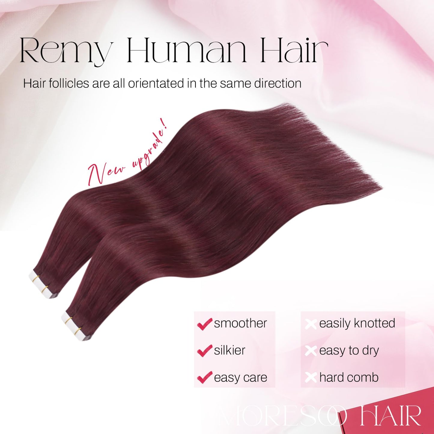 Moresoo Wine Red Tape in Hair Extensions Real Human Hair Tape in Extensions Burgundy Hair Extensions Human Hair Tape in Seamless Human Hair Extensions 10 Inch #99J 20pcs 30g