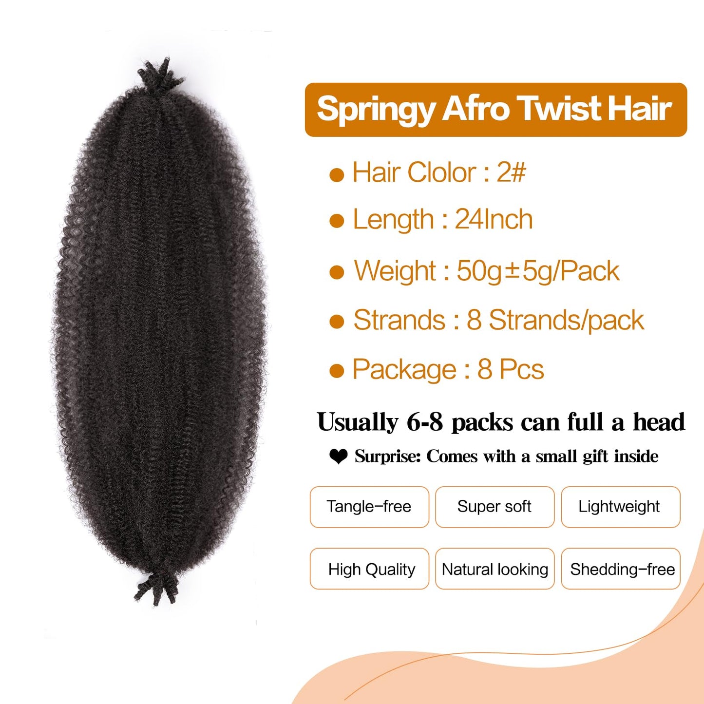 24 Inch Springy Afro Twist Hair 8 Packs Afro Twist Hair For Distressed Soft Locs Natural Black Marley Twist Crochet Braiding Hair Synthetic Hair Extensions(24 Inch,8Pack,2#)