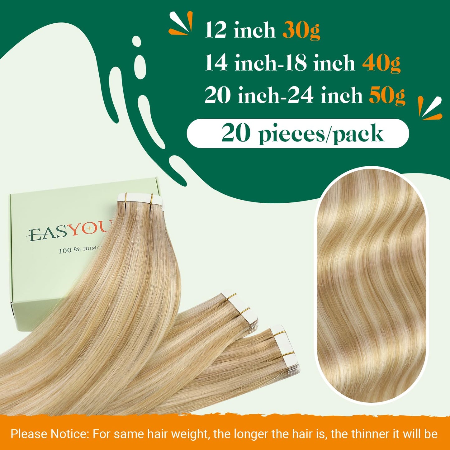 Easyouth Tape in Hair Extensions Human Hair Seamless Tapes ins Human Hair Extensions Honey Blonde Highlights Bleach Blonde Real Hair Extensions Tape in Long-Lasting 12 Inch 30g 20pcs