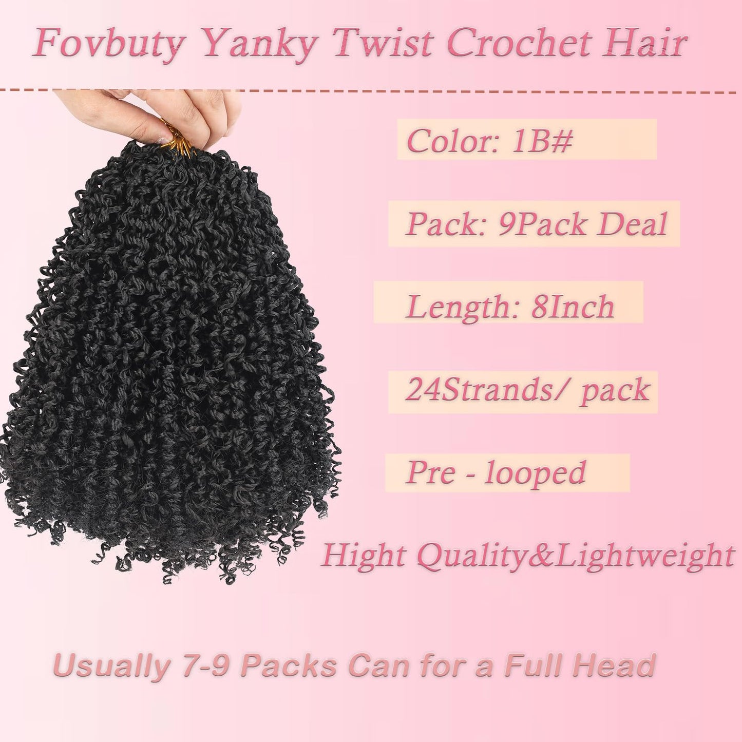 Fovbuty Yanky Twist Crochet Braids Hair 8 Inch 9 Bundles/Lot Natural Black Pre-Twisted Passion Twist With Curly Ends Small Crochet Hair for Senegalese Braids 1B#/9pack