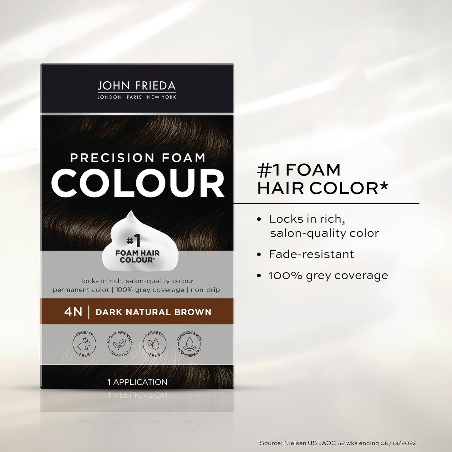 John Frieda Precision Foam Colour, Dark Natural Brown 4N, Full-coverage Hair Color Kit, Anti-Fade Gray Coverage, Deep Color Saturation Hair Dye, 1 Application