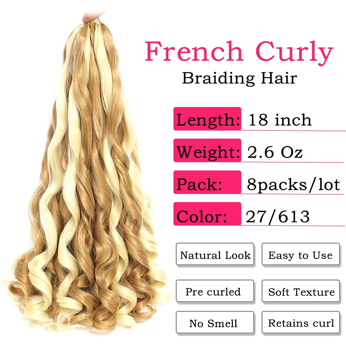 French Curly Braiding Hair 18 Inch 8 Packs - Pre-Stretched Bouncy Loose Wavy Synthetic Hair Extensions for Black Women (27/613)