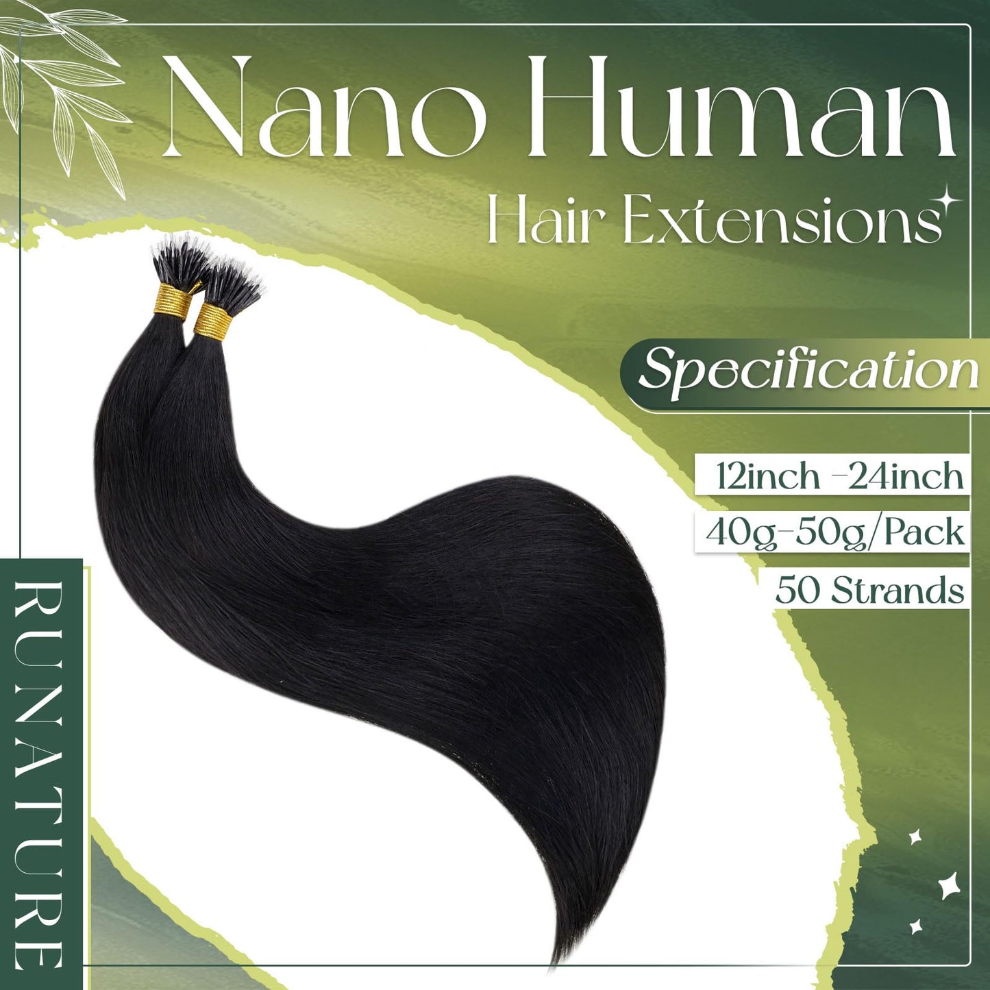 RUNATURE 18 Inch 50g Nano Bead Hair Extensions Real Human Black Nano Hair Extensions Pro Bonded Long Link Natural Hair 50 Strands #1