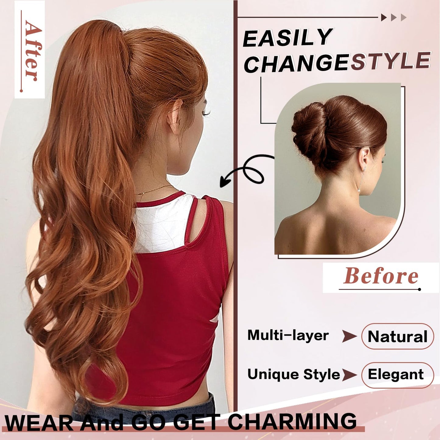 CHRSHN Ponytail Extension, Drawstring Ponytail Extension for Women 26 Inch Long Wavy Pony Tails Hair Extensions Synthetic Clip in Ponytail Hairpiece for Women(350#)